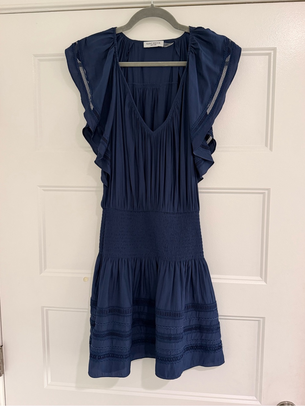 Ramy Brook Navy Flutter-Sleeve Smocked Waist Dress